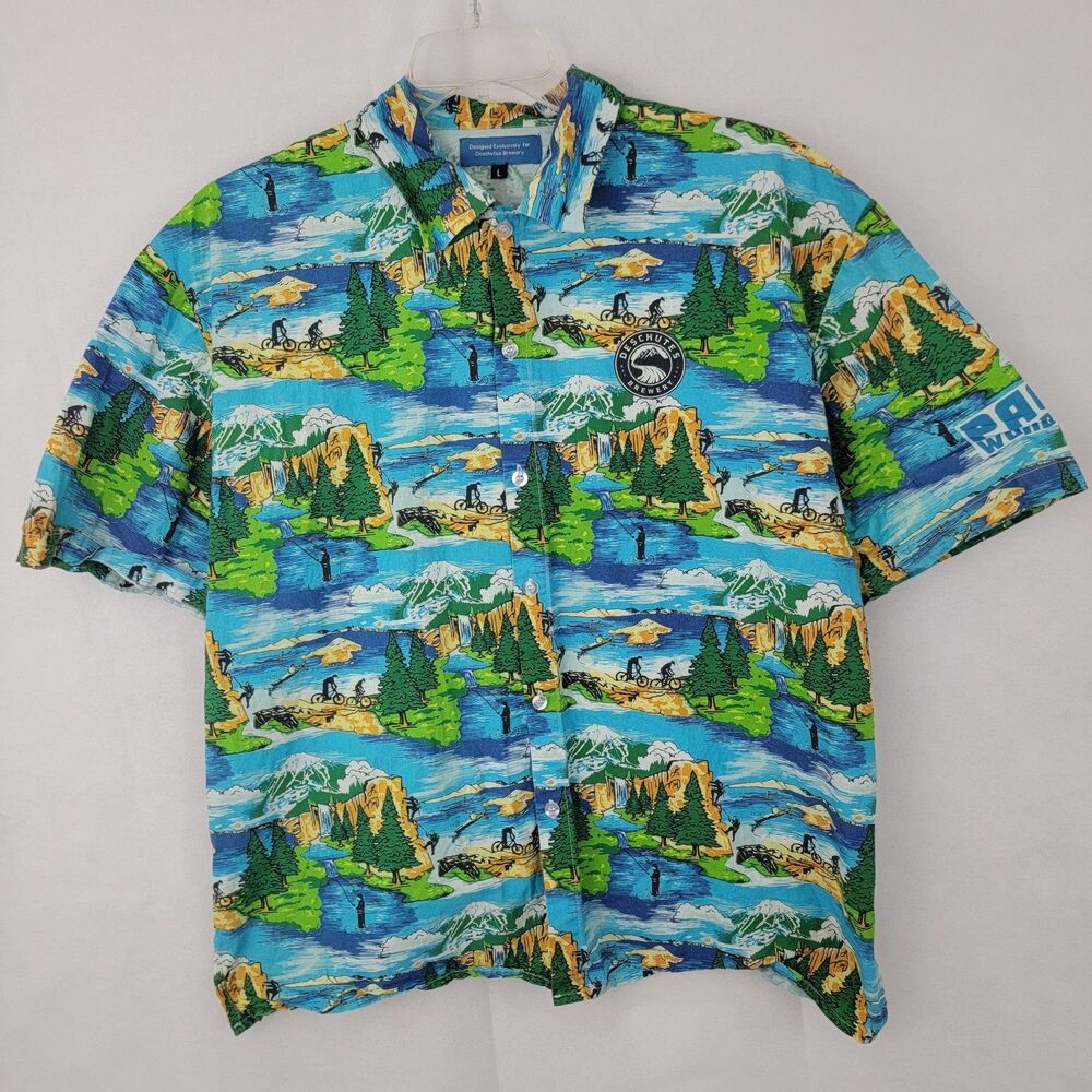 DESCHUTES Brewery Mens Shirt LARGE Button Up Fishing Pacific Wonderland Lager